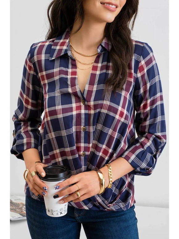 NAVY PLAID ROLL UP FLANNEL