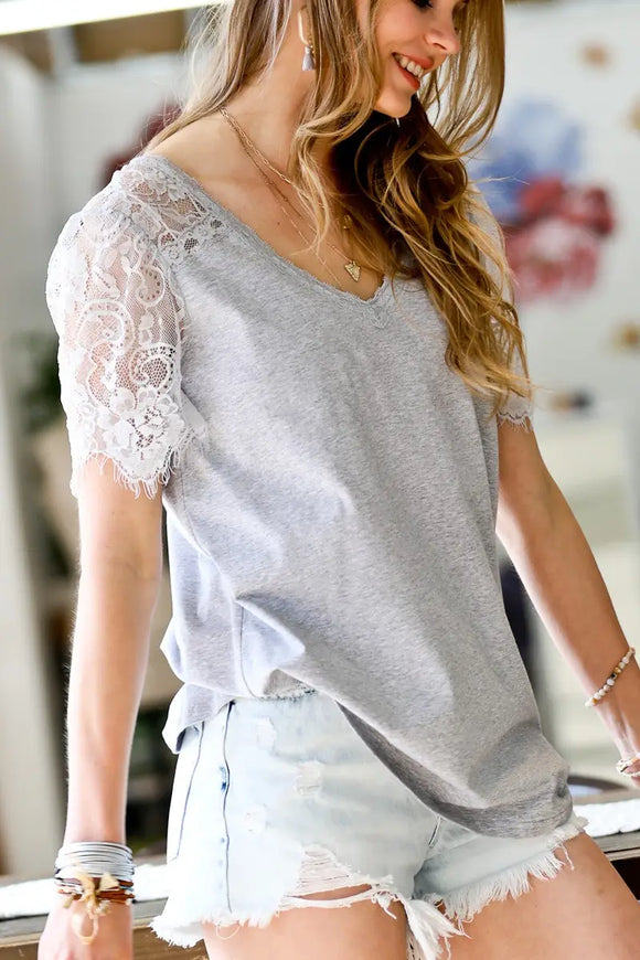 GREY LACE SLEEVE TOP